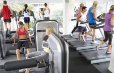 Elevated View Of Busy Gym With People Exercising On Machines