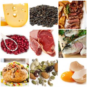 Food sources of protein, including cheese, lentils, red and white meat, kidney beans, fish, tuna, nuts and eggs.