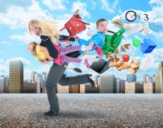 Stress Mother Running Late with Kids in City