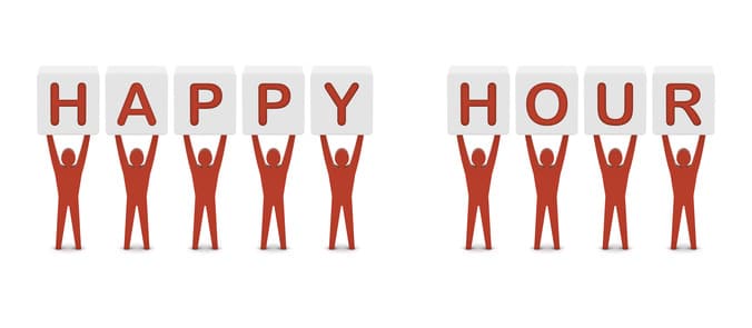 Men holding the phrase happy hour. Concept 3D illustration.